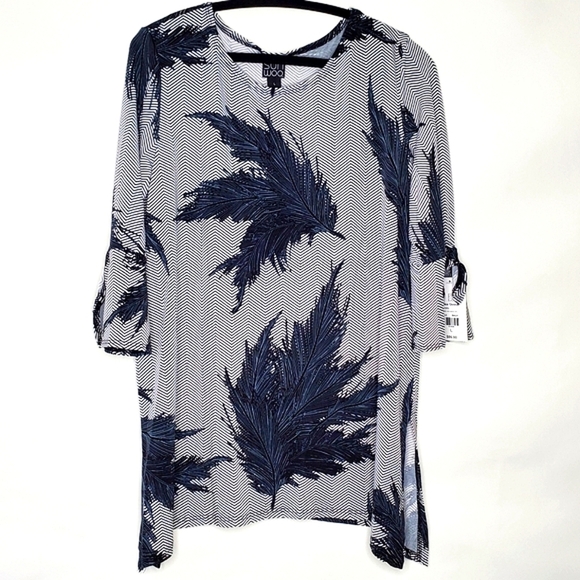 Clara Sun Woo Tops - Clara Sun Woo Chevron Leaf Print Tunic Size L Tie Bell Sleeve Stretch Top NEW